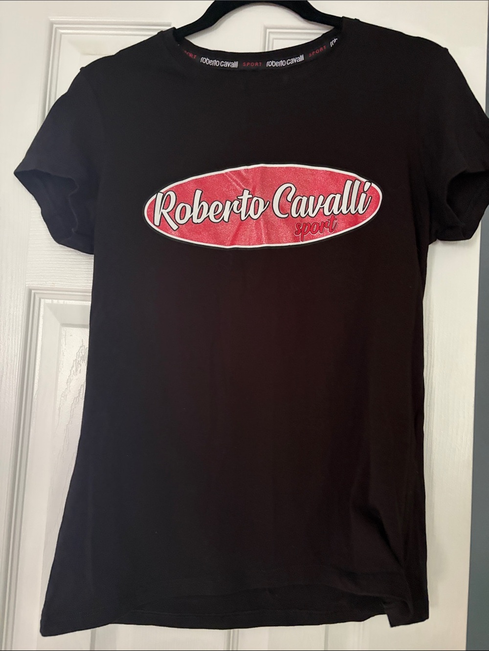 Roberto Cavalli Black Short Sleeve Tee with Red Logo Oval